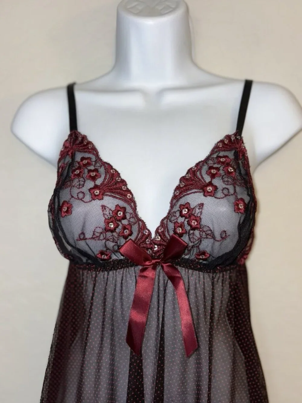 Y2K Goth Black & Burgundy Polka Dot Mesh‎ Babydoll Lingerie with Sequin Lace S